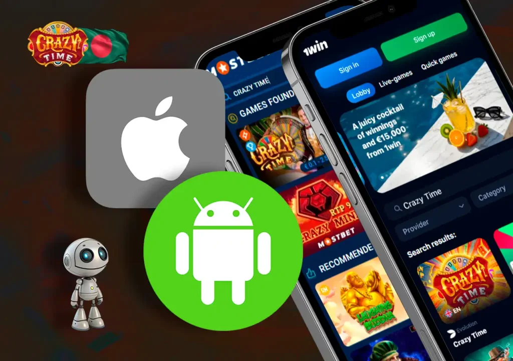 Screenshots of Crazy Time games at different casinos with iOS and Android icons