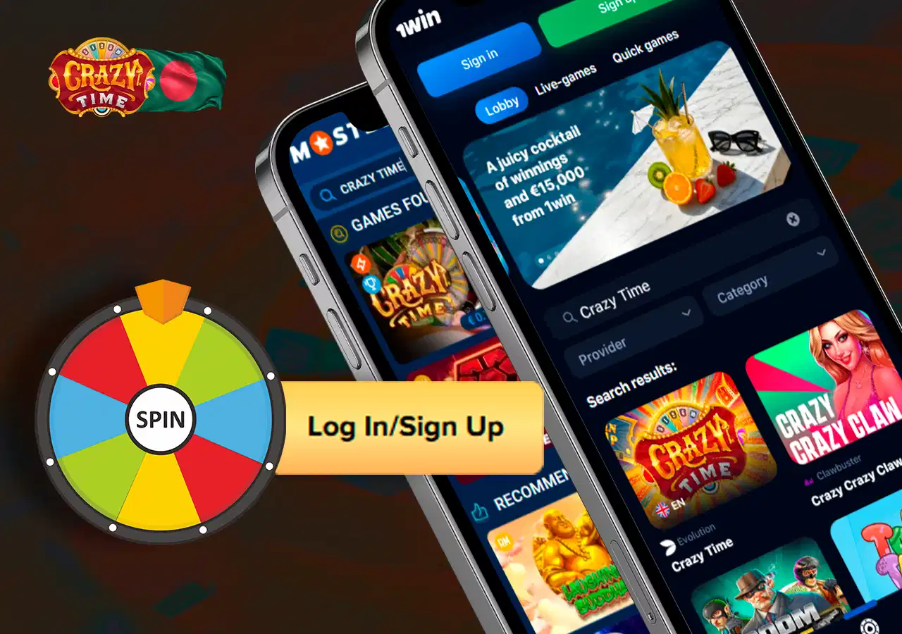 1WIN and MOSTBET pages with Crazy Time games